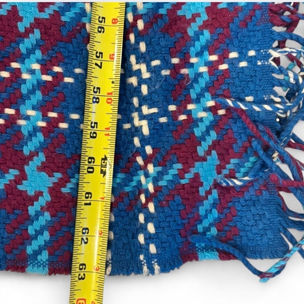 Oversized Plaid Blanket Scarf Blue Burgundy Fringe Cozy Fall Winter Wrap - Picture 5 of 6